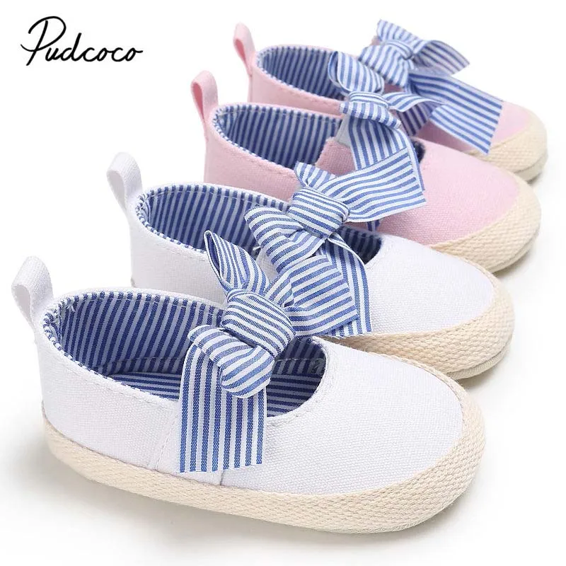 

Pudcoco 2018 Toddler Baby Shoes Newborn Girls Crib Striped Bowknot Soft Soled Princess Crib Shoes Prewalker 0-18M