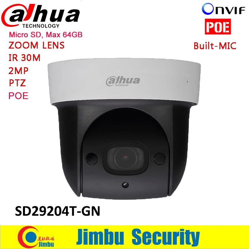 

Dahua 2Mp Network Mini IR PTZ Dome IP Speed camera SD29204T-GN 2.7mm 4x optical zoom English Firmware SD Built-in Mic