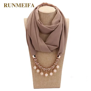 14 colors New design scarf necklace for women fashion pearl jewelry necklace of muslim Sun protection Wrapped Chiffon scarf gift