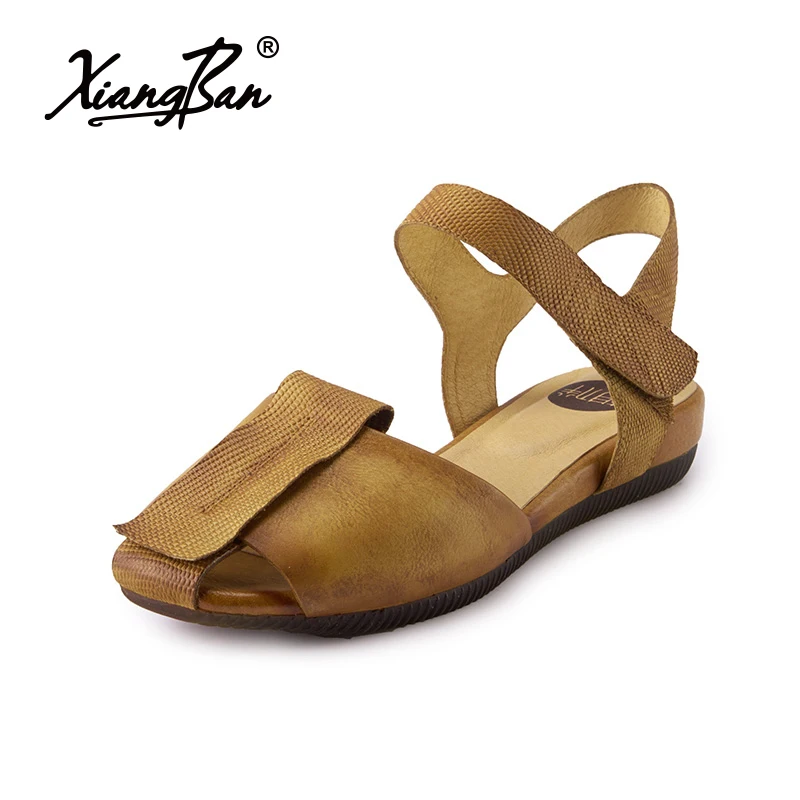 

2019 brand designer woman flat sandals summer casual leather sandals back strap handmade vintage flat ladies shoes Xiangban