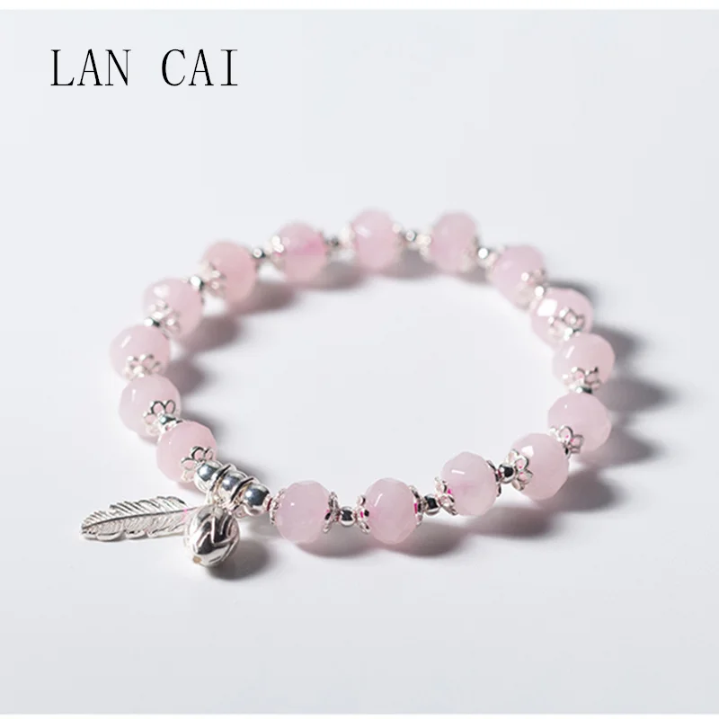 

LAN CAI Natural Pink Ross Quartz 925 Sterling Silver Flower bud&Feather Pendant Stretch Bracelet Romantic Jewelry for Girlfriend