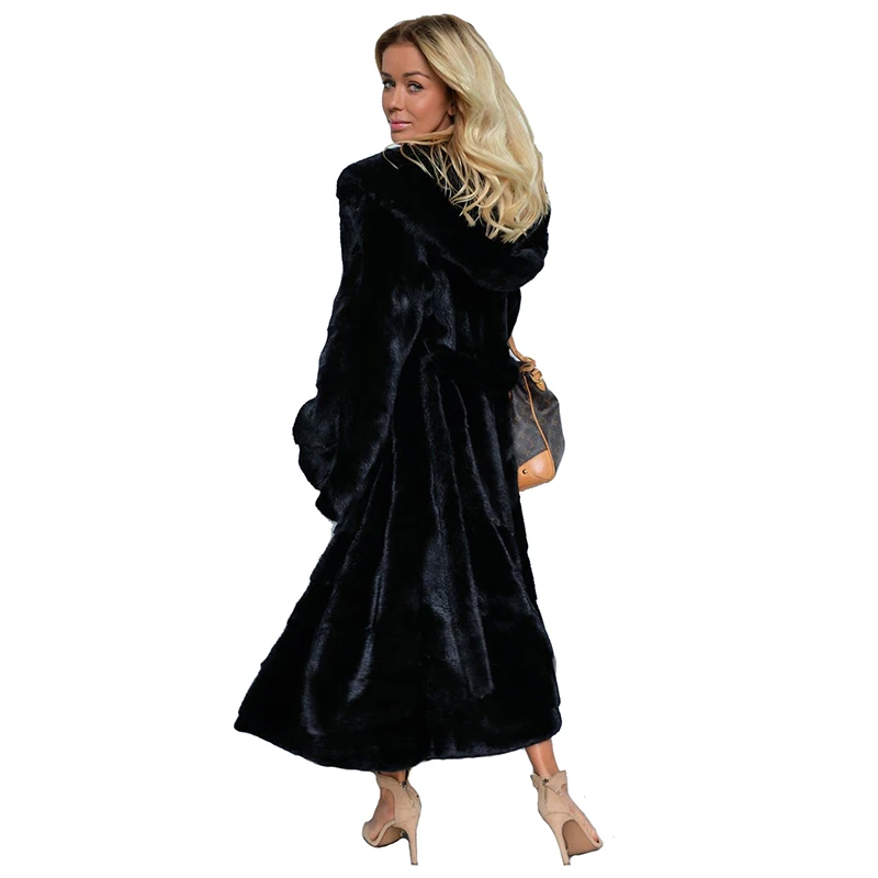 2018 Winter Black Faux Fur Coat Women Casual Long Sleeve Hooded Fur Jacket Coats Warm Oversize Long Coat Outerwear Plus Size 4XL