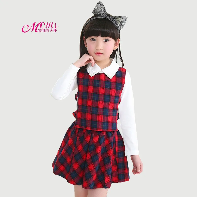 

Children Clothing Sets Spring Autumn Girls School Uniform Dress Plaid Vest+T-shirt+Skirt Suit 4 6 8 10 12 Years Girls Clothes