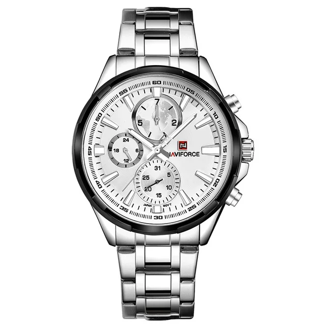 NAVIFORCE Мужские часы от ведущего бренда, роскошные черные полностью стальные водонепроницаемые кварцевые часы, мужские повседневные спортивные часы с хронографом, наручные часы - Цвет: Silver White