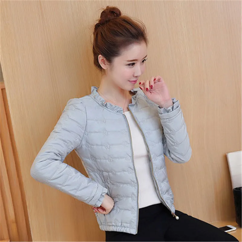 

2017 Spring Autumn Basic Jacket Women Ruffled Collar Full Sleeve Slim Coats Female Solid Pockets Zippers Cotton Overcoat Femme