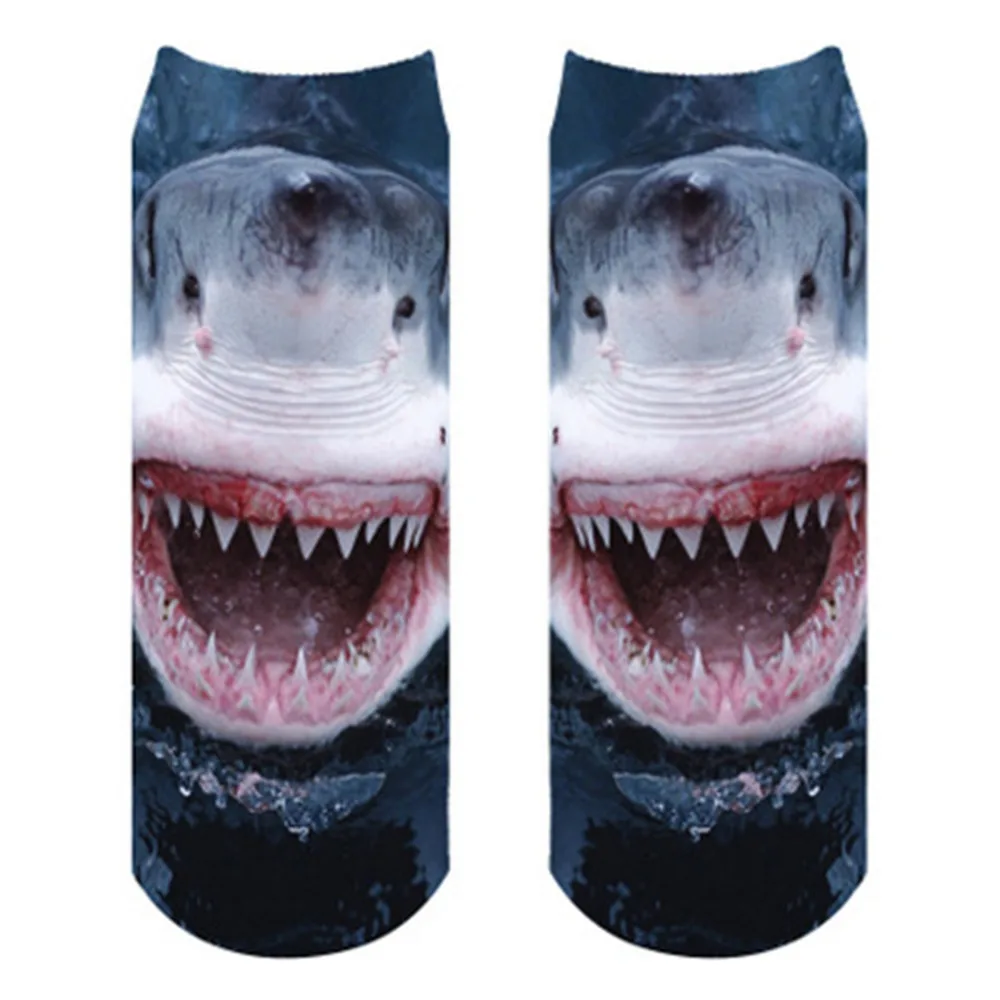 

2017 New 1 Pair 3D Printed Cartoon Casual Short Socks Women Men Cute Low Cut Ankle Cartoon Cotton Sock Big White Shark