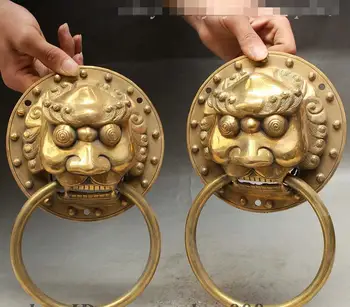 

Chinese FengShui Brass Foo Fu Dog Guardion Lion Head Statue Door Knocker Pair