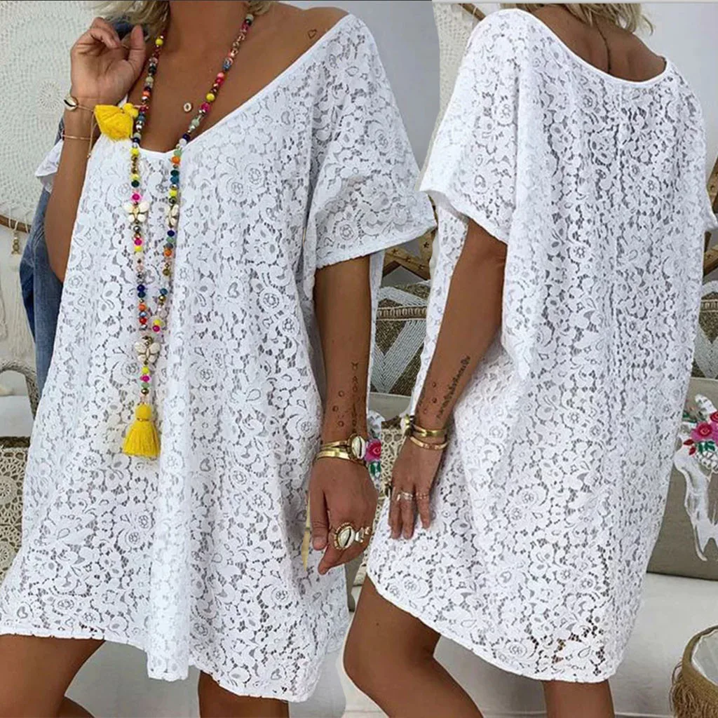 

Women's summer dresses Fashion Lace Short Sleeve V-Neck Casual Print Solid Short Beach Dress large size women's dresses Soft