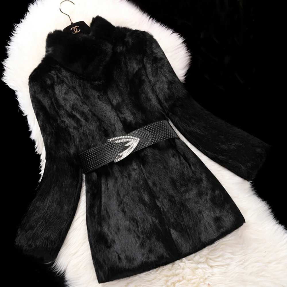 Настоящий Полный Пелт кроличий мех длинное пальто Женская Ручная работа кролик мех пальто женское модное пальто KFP706