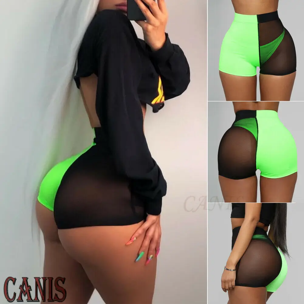 

2019 Fashion Black Mesh Transaparent Fluorescent Green Stitching Sexy Women Casual Shorts Elastic High Waist Summer Sexy Shorts