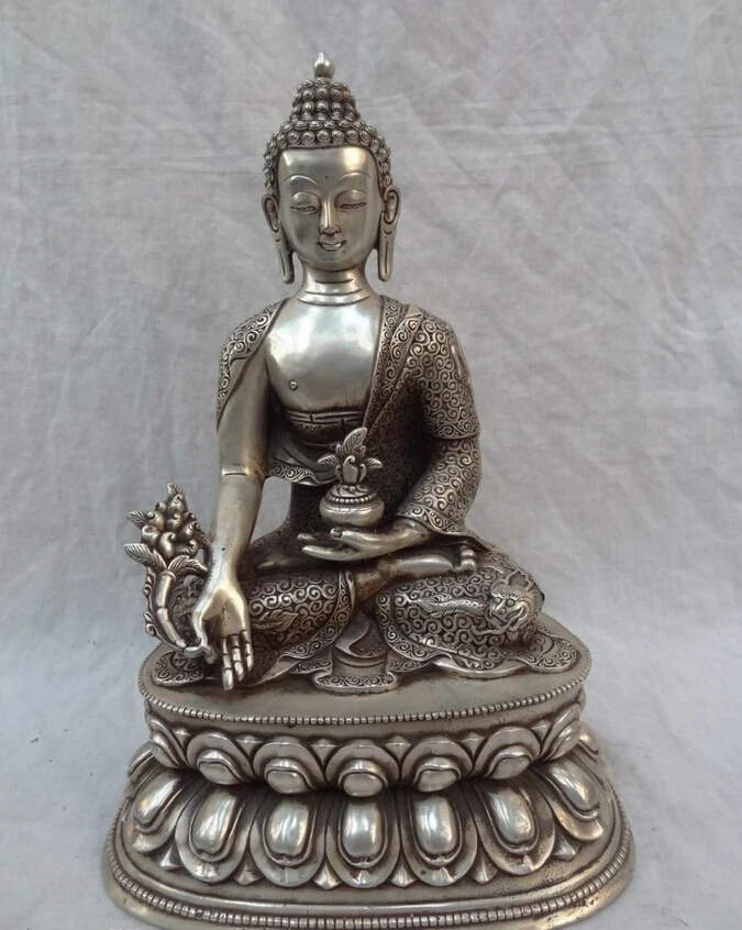 

song voge gem S5381 14" Chinese Silver Shakyamuni Joss Tibet Dragon Head Robe Medicine Buddha Statue