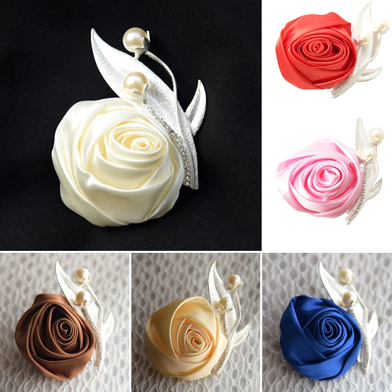 

Satin Silk Rose Flower Wedding Women Men Corsage Groom Groomsman Handmade Suit Boutonnieres Accessories Pin Brooch