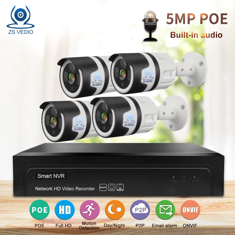 

ZSVEDIO 4ch Built-in one-way 5.0MP POE Kit H.265 System CCTV Security 8ch NVR IP Camera Outdoor Waterproof Set E-mail P2P