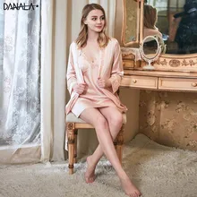 DANALA шелковый атлас халат наборы для ухода за кожей пижамы для женщин длинные кружево Secy Vogue стежка ночное наборы ухода за кожей д