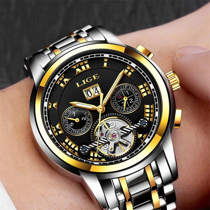 

LIGE watches man Top Brand Luxury Men's Fashion Business watch for man Tourbillon Automatic mechanical watches Relogio Masculino