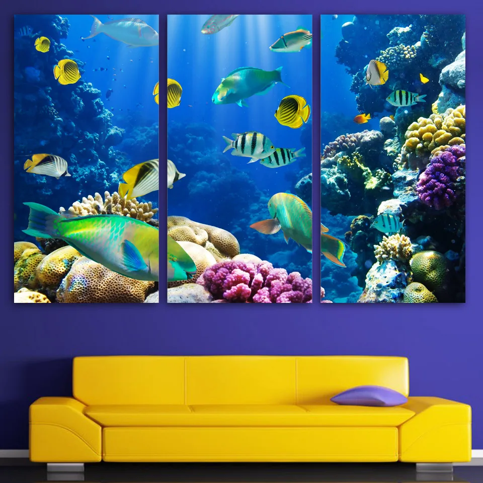 3 Panels Canvas Art Tropical Coral Color Fish Home Decor Wall Art Painting Canvas Prints Picture