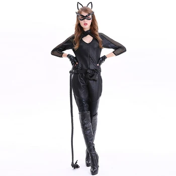 

Black PU Leather & Fishnet Club Game Catwoman Cosplay Costume Sexy Catsuit Bodysuit Women Animal Outfit Adult Halloween Costumes