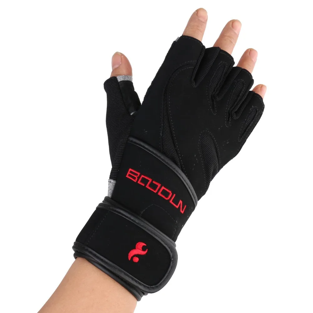 BOODUN, для тренажёрного зала перчатки Для мужчин Для женщин бодибилдинг Половина Finger Фитнес перчатки An-скольжения Вес подъемной спортивные тренировочные перчатки без пальцев - Цвет: Черный