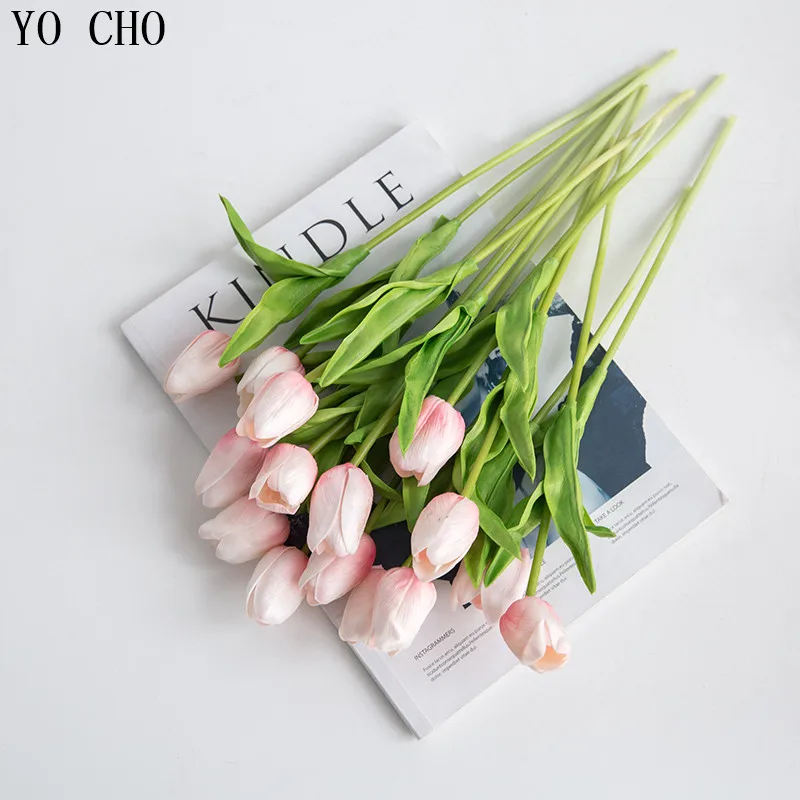 

YO CHO 21PCS/LOT PU Tulip Artificial Flowers For Wedding Home Birthday Decorations Long About 34cm DIY Fake Flowers In Vase