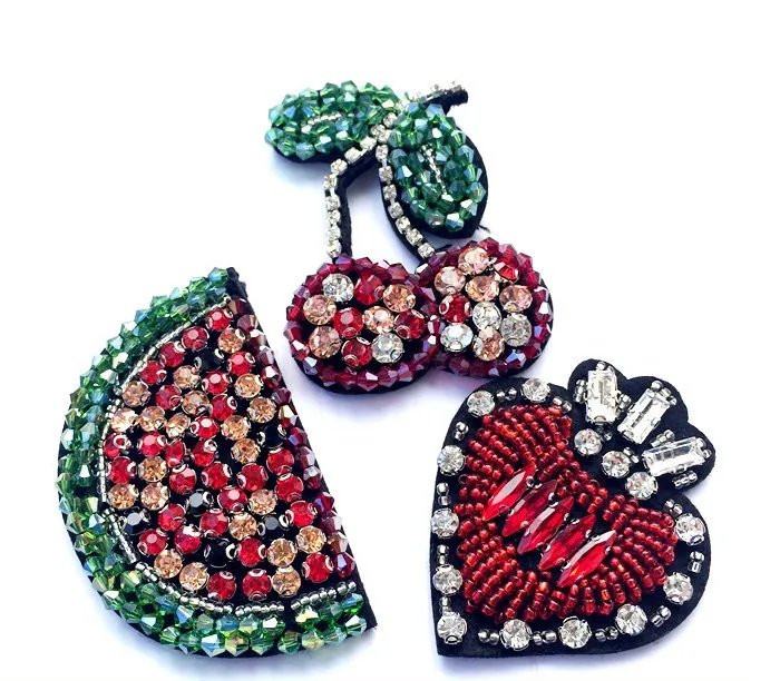 

5PCS/LOT Handmade Rhinestone beaded Patches HEART CHERRY Sew on Crystal patch for clothing beading Applique cute patch