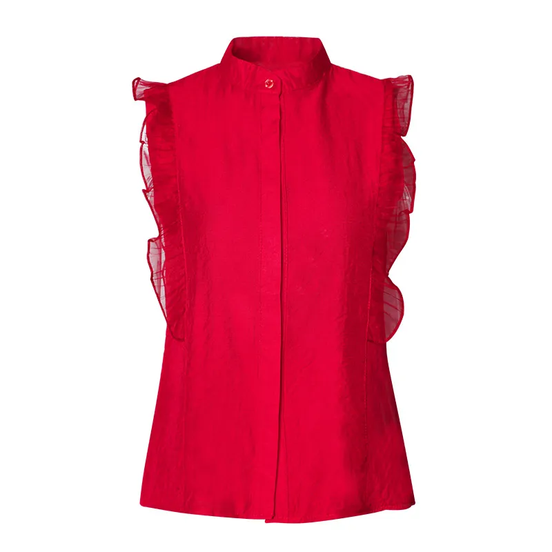 

Women'S Vintage Top Ruffle Blouse Sleeveless Elegant Office Tops Korean Style Female Tunics Summer Blouses For Women 2019