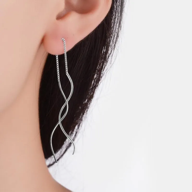 

Free Shipping Trefoil Original Handmade Silver Jewelry Simple Wavy Long Female High-quality Dangle Earrings SE281