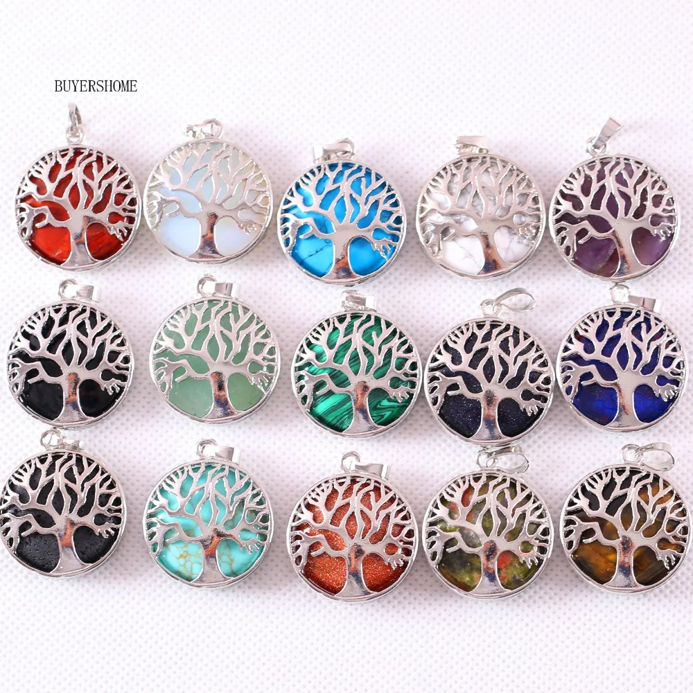 

BUYERSHOME 25MM Silver Color Tree of life Water Drop Necklace Pendant Natural Stone Bead Howlite Crystal Onyx Lapis 10Pcs