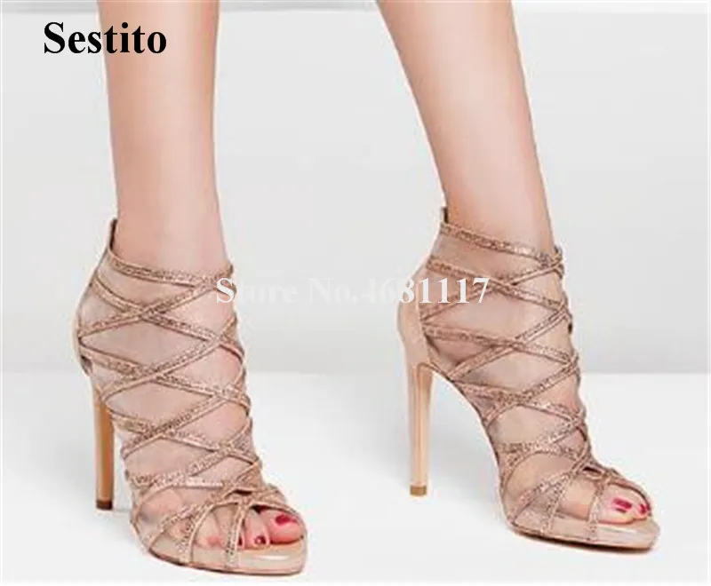 

Women Luxurious Bling Bling Rhinestone Mesh Thin Heel Pumps Gold Black Crystal Back Zipper-up High Heels Party Dress Shoes