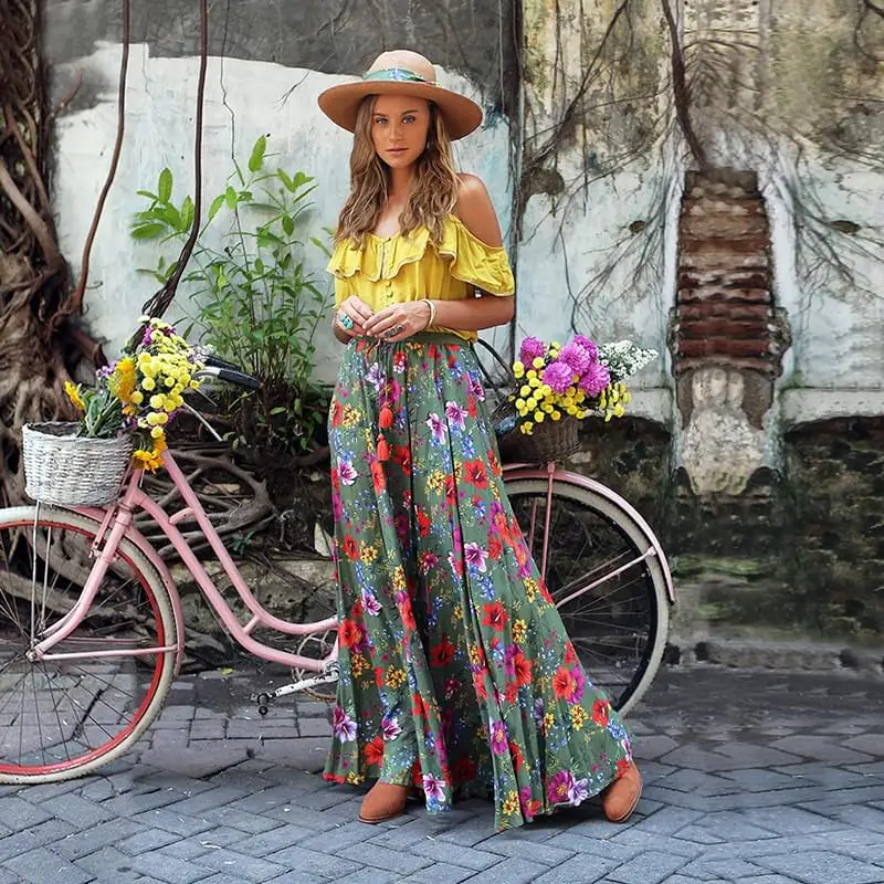 

Ruffles Blouse Maxi Skirts 2 Pieces Suits Women Boho Holiday Summer Tracksuits Cami Tops Floral Skirts Sets Romantic Outfits