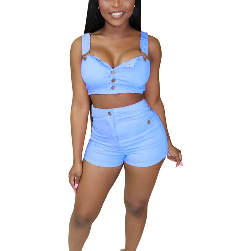 

Best selling fashion denim straps shorts two-piece 2019 new women's tight denim shorts suit