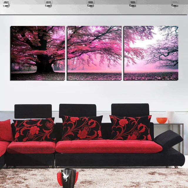 

Large Size Modular Canvas HD Prints Posters Home Decor Wall Art Pictures 3 Pieces Red Tree Art Scenery Landscape Paintings