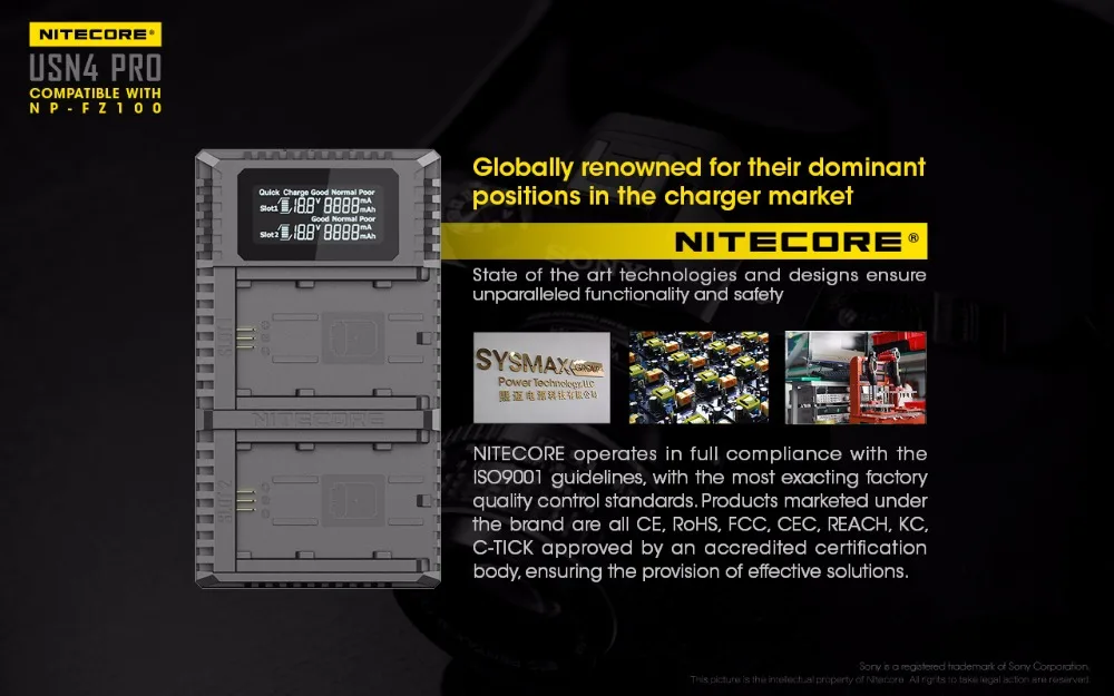 Nitecore USN4 Pro Двойной слот USB QC зарядное устройство для sony a7 III, a7R III, a9(ILCE-9) Совместимость с NP-FZ100 аккумуляторами