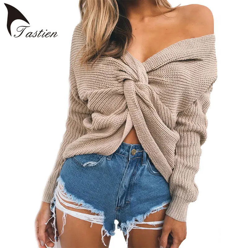 

TASTIEN Sexy Sweaters Women Autumn Winter Cotton Hollow out V Neck Winter Knitted Sweater Clubwear Femme sweter mujer 6 Colors