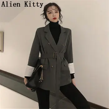 

Alien Kitty 2019 Hot Double Breasted Solid Vintage Notched Casual Sashes Belt Female Office Lady Long Sleeve Plus Grey Blazers