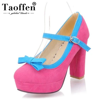 

TAOFFEN Size 34-43 Women Mixed Color Pumps Bowknot High Heels Shoes Women Platform Fashion Ankle Strap Party Wedding Footwear