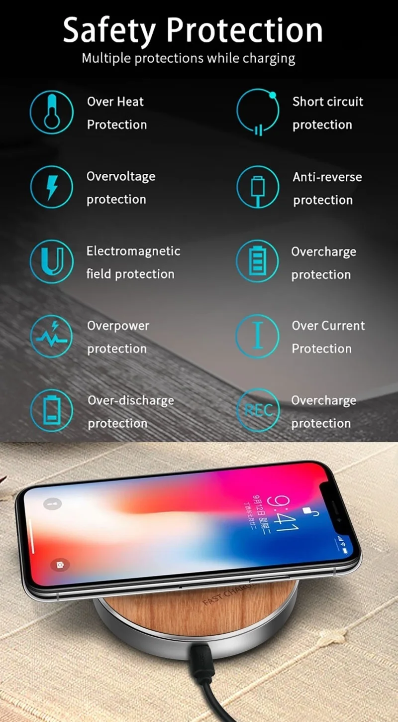 Деревянная Беспроводная зарядная панель Qi для iPhone XS Max XR X для Xiaomi Mi 9 10 Вт умная Быстрая зарядка для samsung S10 huawei mate 20 pro