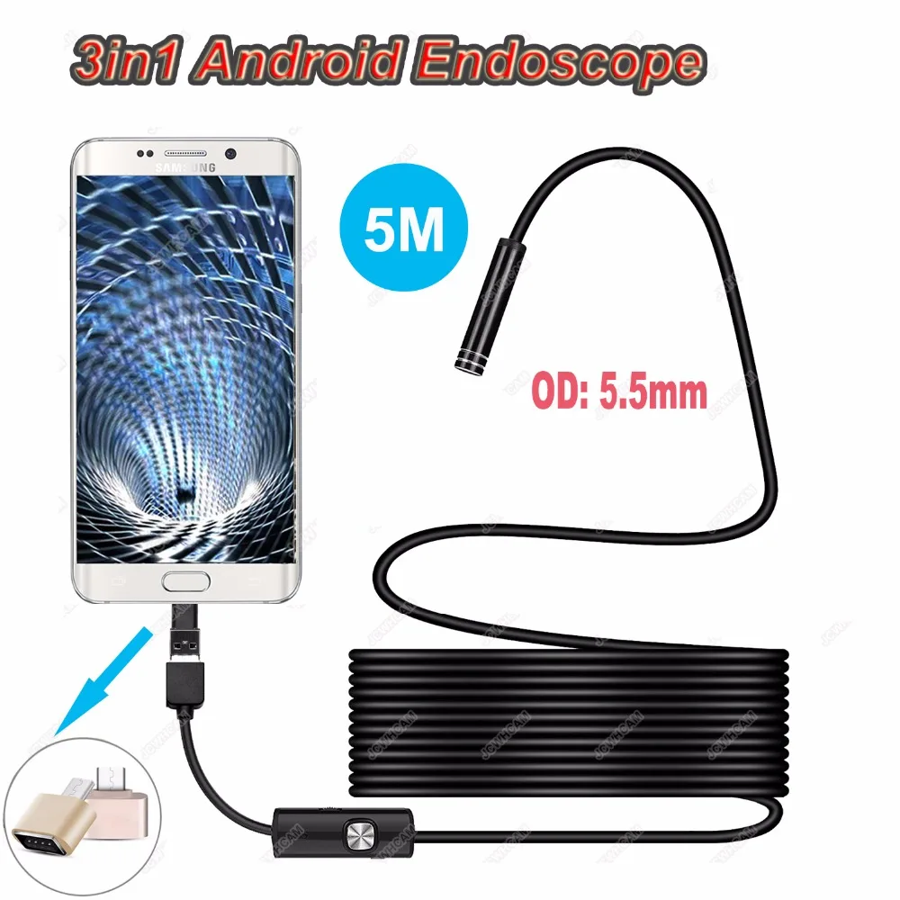 640 P Android 5,5 мм, Micro-USB Тип с портом типа c 3-в-1 электронный эндоскоп бороскоп трубка Водонепроницаемый USB инспекции Спортивная мини-видеокамера на Камера