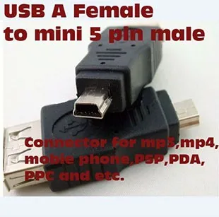 100 шт./лот черный женский USB 2,0 для мужской мини 5 pin B адаптер конвертер USB кабель для MP3 MP4