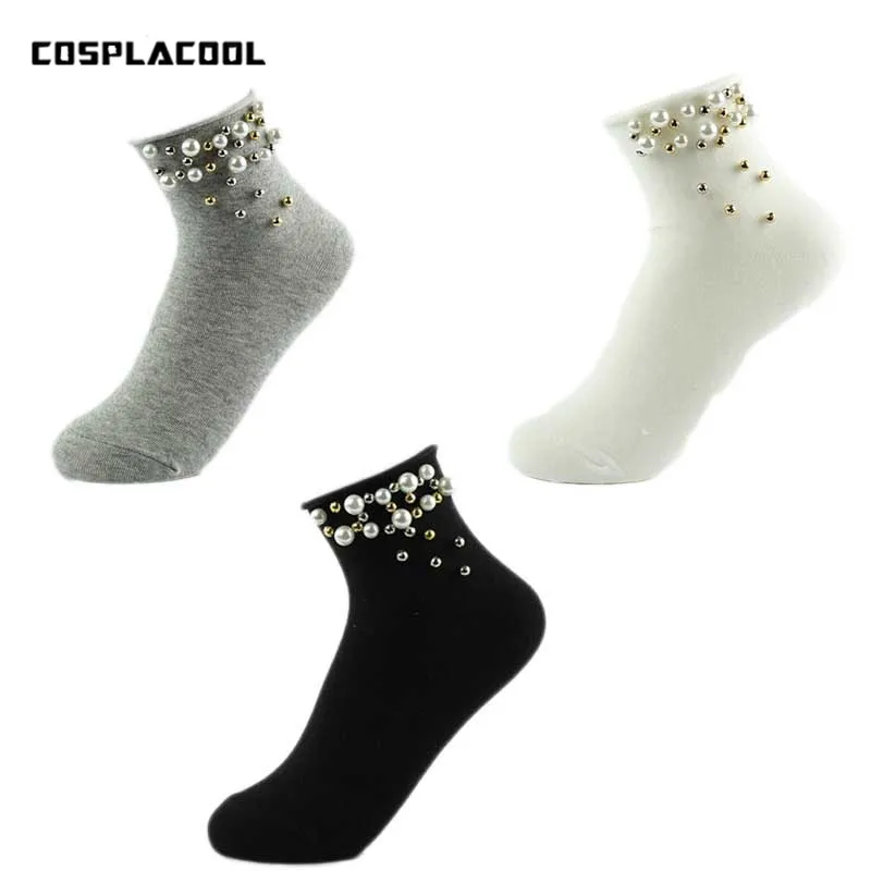 [COSPLACOOL] Новое поступление Harajuku корейские модные женские носки с блестящими жемчужинами Meias мягкие женские короткие носки Calcetines Mujer