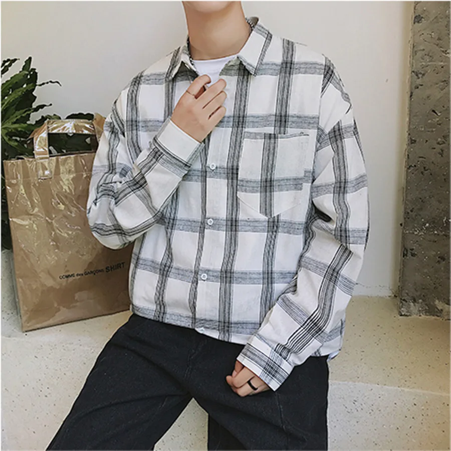 Модный плед рубашки для мужчин платье Хлопок Slim Fit черная Корейская рубашка мужская с длинным рукавом винтажная ретрорубашка одежда мужская куртка