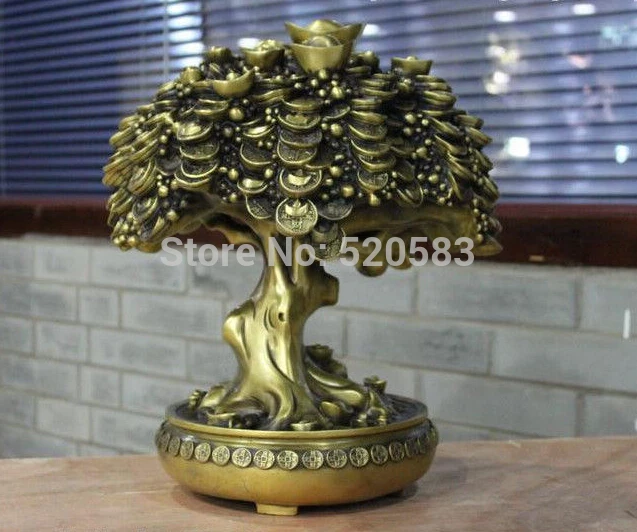 

free Chinese Feng Shui Brass wealth Yuan Bao Money treasure bowl Fortune tree Statue fast