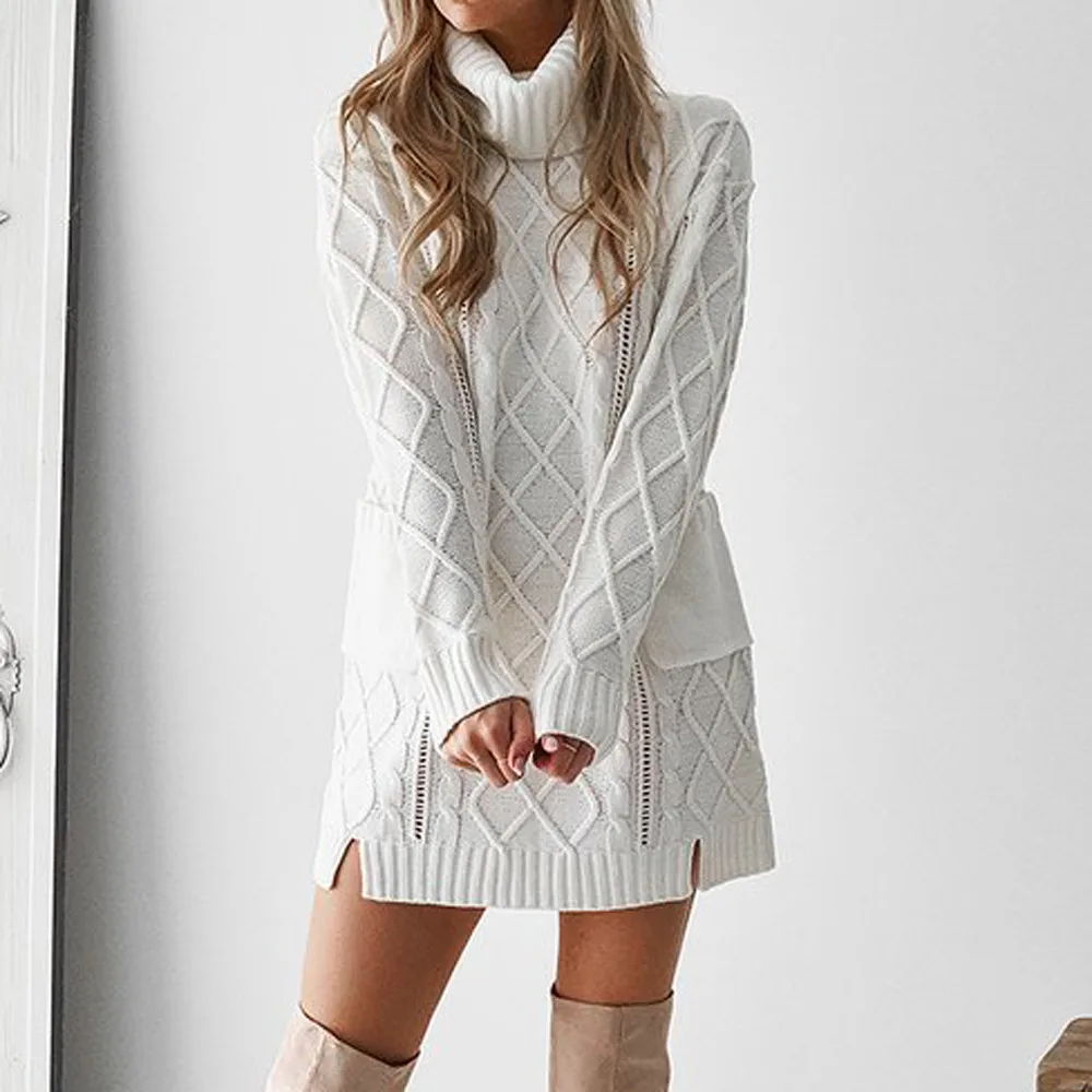 

Winter Dresses Women Sweater Knit Turtleneck Warm Long Sleeve Pocket Sexy Mini Dress Vestidos De Fiesta Fashion Women Dress