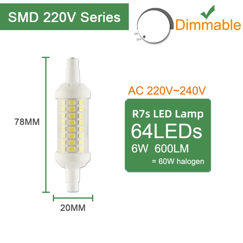 Kaguyahime R7s светодиодный COB лампа 110 В 220 В 78 мм 118 мм 135 мм диммируемая лампа SMD 2835 Замена галогенного света Светодиодный прожектор R7S лампа - Испускаемый цвет: SMD 78mm 220V 6W