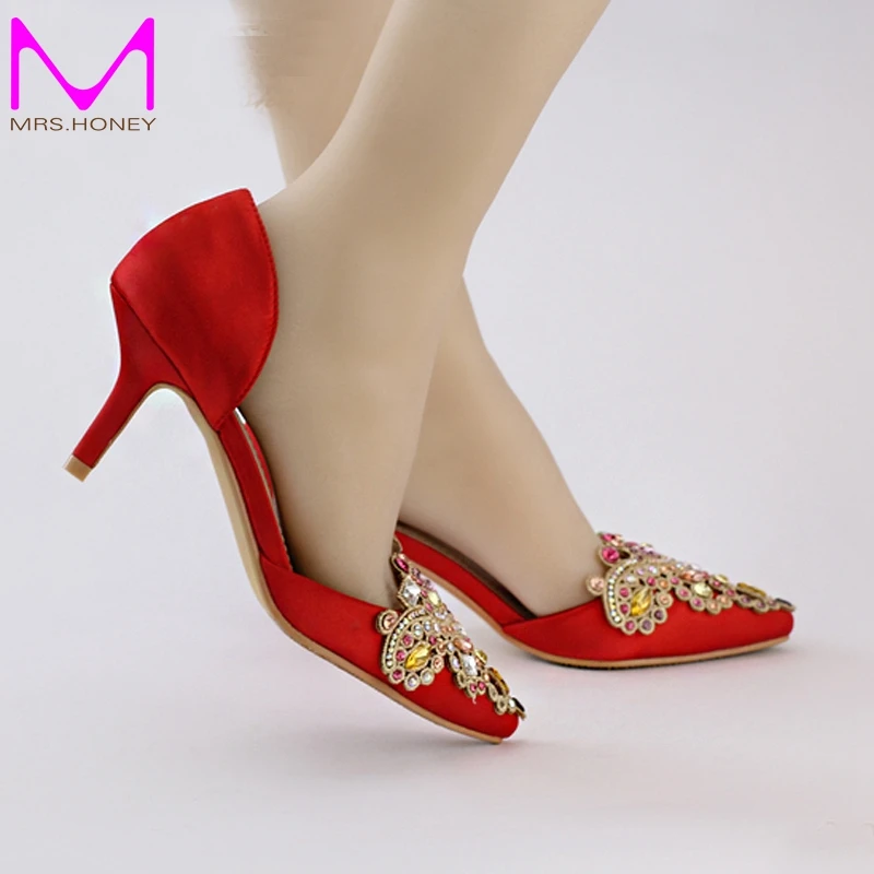 Red Satin Bridal Shoes with Rhinestone Crystal Medium Heel Party Shoes ...