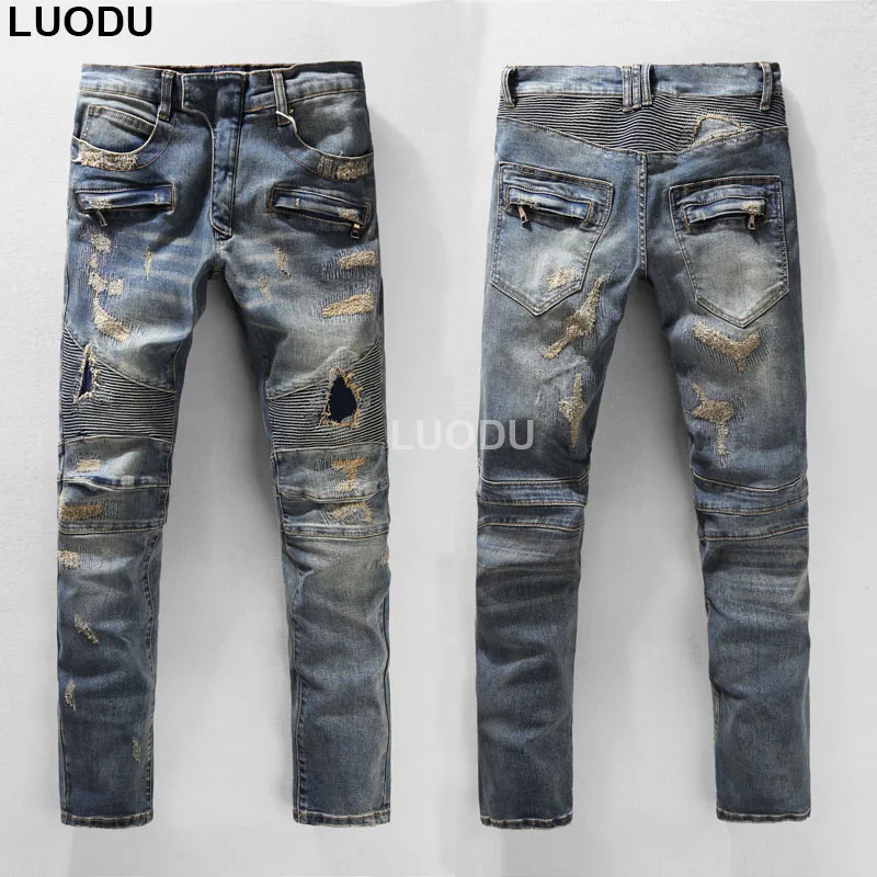 

New France Style #905# Mens Distressed Ribbed Stretch Moto Pants Scratchs Washed Blue Denim Biker Jeans Slim Trousers Size 28-40