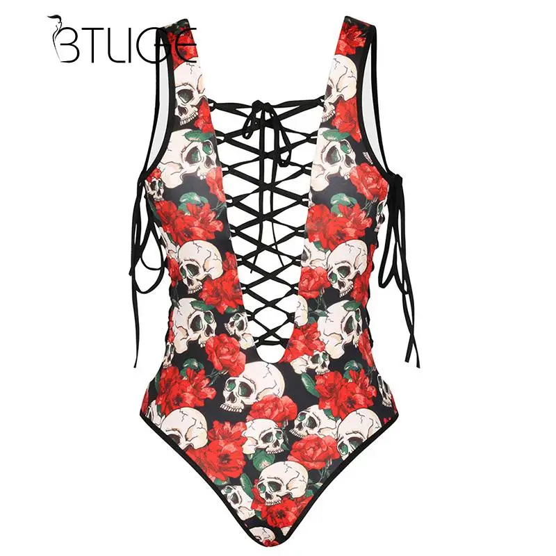 Btlige Xmas Ts Deep V Neck Sexy One Piece Swimsuits Women Skulls 