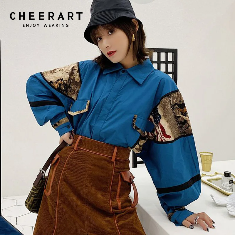  Cheerart Vintage Womens Tops And Blouses Pop Patchwork Blue Oversized Shirt Long Sleeve Loose Blous