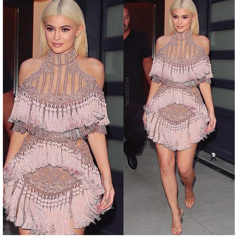 TANG 2019 Summer Sexy Off Shoulder Women Mesh Dress Pink Hollow Out Mini Dress Runway Fringe Bodycon Party Dress (9)