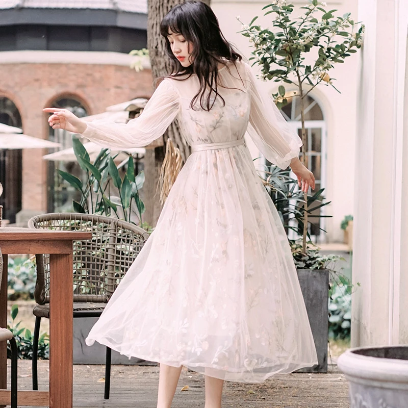 

2019 Fashion Long-sleeve Mesh Big Swing Heavy Work Floral Embroidery Elegant Slim French Vintage Long Dress Women's Summer Dress