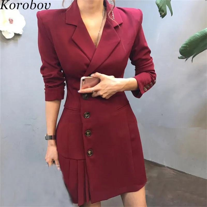 

Korobov New Arrival Women Single Breasted Red Blazers Frill Hem Long Slim OL Female Blazer Spring Mujer Coats 76937